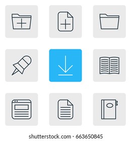 Vector Illustration Of 9 Office Icons. Editable Pack Of Plus, Downloading, Page And Other Elements.