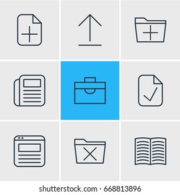Vector Illustration Of 9 Office Icons. Editable Pack Of Textbook, Page, Add And Other Elements.