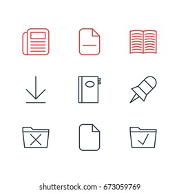 Vector Illustration Of 9 Office Icons. Editable Pack Of Note, Document, Minus And Other Elements.