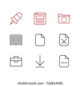 Vector Illustration Of 9 Office Icons. Editable Pack Of Document, Remove, Textbook And Other Elements.