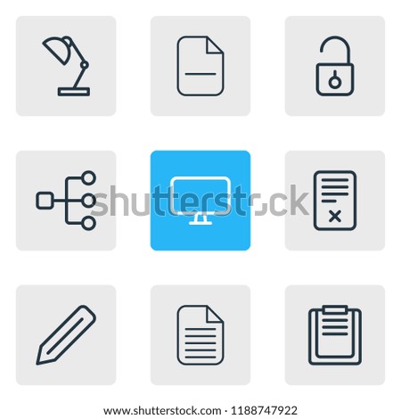 Vector illustration of 9 office icons line style. Editable set of file board, monitor, remove and other icon elements.