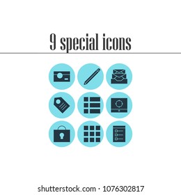 Vector illustration of 9 online icons. Editable set of inbox, tasks, screen capture and other icon elements.