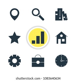 Vector illustration of 9 online icons. Editable set of home, settings, briefcase and other icon elements.