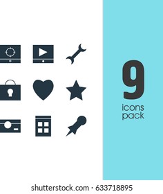Vector Illustration Of 9 Online Icons. Editable Pack Of Bookmark, Target Scope, Thumbtack And Other Elements.