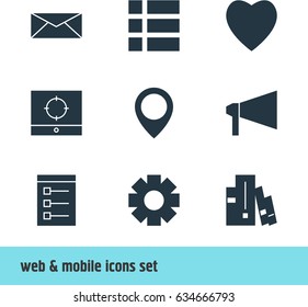 Vector Illustration Of 9 Online Icons. Editable Pack Of Map Pointer, List, Target Scope And Other Elements.