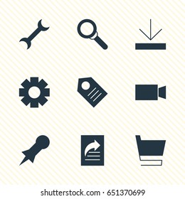 Vector Illustration Of 9 Online Icons. Editable Pack Of Upload, Thumbtack, Trolley And Other Elements.