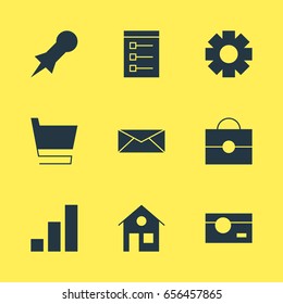 Vector Illustration Of 9 Online Icons. Editable Pack Of Trolley, Thumbtack, House And Other Elements.