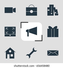 Vector Illustration Of 9 Online Icons. Editable Pack Of Bookshelf, Letter, Bullhorn And Other Elements.