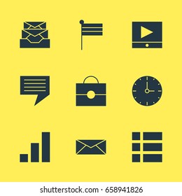 Vector Illustration Of 9 Online Icons. Editable Pack Of Letter, Play Button, List And Other Elements.
