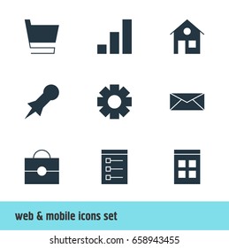 Vector Illustration Of 9 Online Icons. Editable Pack Of Increase Chart, Date Time, Portfolio And Other Elements.