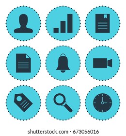 Vector Illustration Of 9 Online Icons. Editable Pack Of Account, Clock, Video Camera And Other Elements.
