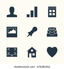 Vector Illustration Of 9 Online Icons. Editable Pack Of Messages, Thumbtack, House And Other Elements.