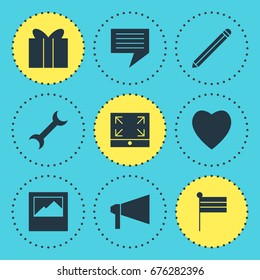 Vector Illustration Of 9 Online Icons. Editable Pack Of Bullhorn, Landscape Photo, Maximize Elements.