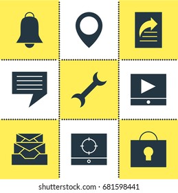 Vector Illustration Of 9 Online Icons. Editable Pack Of Map Pointer, Notification, Document Transfer And Other Elements.