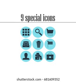 Vector Illustration Of 9 Online Icons. Editable Pack Of Trash, Portfolio, Grid And Other Elements.