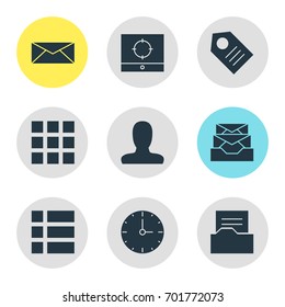Vector Illustration Of 9 Online Icons. Editable Pack Of Letter, Clock, Coupon And Other Elements.