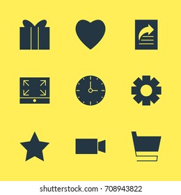 Vector Illustration Of 9 Online Icons. Editable Pack Of Bookmark, Video Camera, Gift And Other Elements.