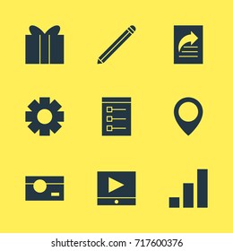 Vector Illustration Of 9 Online Icons. Editable Pack Of Map Pointer, Capture, Gear And Other Elements.