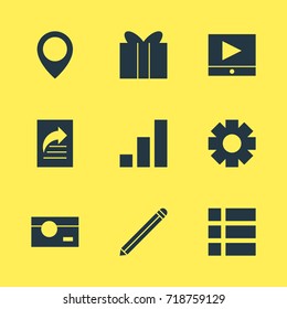 Vector Illustration Of 9 Online Icons. Editable Pack Of Pen, Increase Chart, Map Pointer And Other Elements.