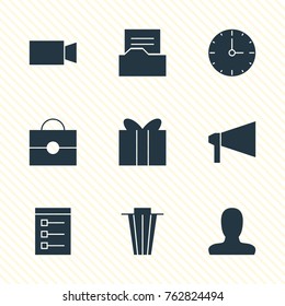 Vector Illustration Of 9 Online Icons. Editable Set Of Clock, Document Directory, Video Camera And Other Elements.