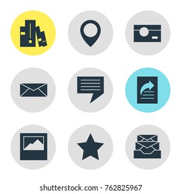Vector Illustration Of 9 Online Icons. Editable Set Of Document Transfer, Bookmark, Landscape Photo Elements.