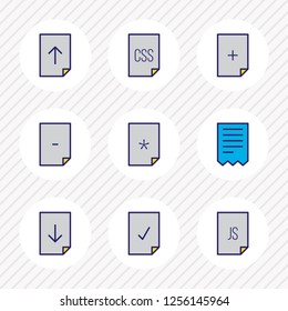 Vector illustration of 9 page icons colored line. Editable set of add file, download, css and other icon elements.