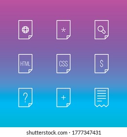Vector illustration of 9 page icons line style. Editable set of web, corrupted, magnifier and other icon elements.