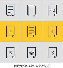 Vector Illustration Of 9 Page Icons. Editable Pack Of HTML, Internet, Document And Other Elements.