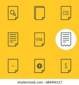 Vector Illustration Of 9 Page Icons. Editable Pack Of Code, Dollar, Document And Other Elements.