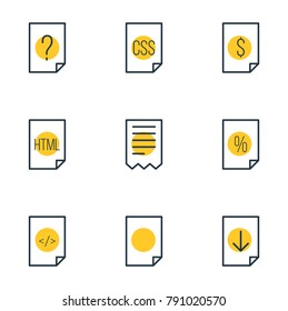 Vector illustration of 9 page icons line style. Editable set of upload, folder, HTML and other elements.