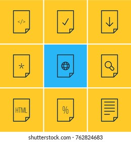 Vector Illustration Of 9 Page Outline Icons. Editable Set Of Search, Percent, Document And Other Elements.