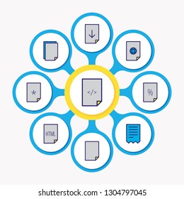 Vector illustration of 9 paper icons colored line. Editable set of corrupted file, download, HTML and other icon elements.