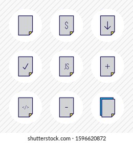 Vector illustration of 9 paper icons colored line. Editable set of cheque, js file, document and other icon elements.