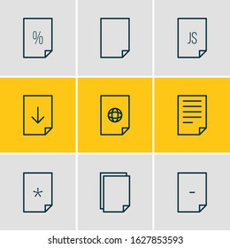 Vector illustration of 9 paper icons line style. Editable set of empty, download, important and other icon elements.