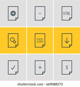 Vector Illustration Of 9 Paper Icons. Editable Pack Of Plus, Remove, Internet And Other Elements.