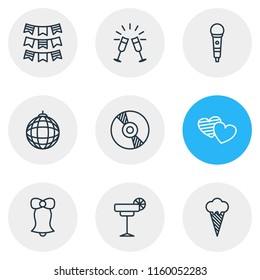 Vector illustration of 9 party icons line style. Editable set of bunting, cd, sorbet and other icon elements.