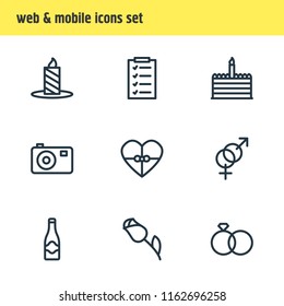 Vector illustration of 9 party icons line style. Editable set of camera, birthday cake, gender and other icon elements.