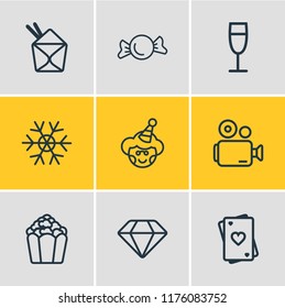 Vector illustration of 9 party icons line style. Editable set of diamond, video camera, clown cap and other icon elements.