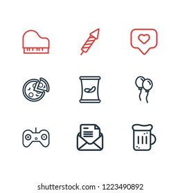 Vector illustration of 9 party icons line style. Editable set of potato chips, tag with heart, invitation and other icon elements.