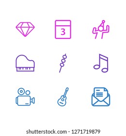 Vector illustration of 9 party icons line style. Editable set of diamond, event day, music note and other icon elements.