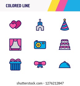 Vector illustration of 9 party icons colored line. Editable set of hearts, scene, dessert and other icon elements.