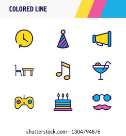 Vector illustration of 9 party icons colored line. Editable set of music note, game controller, cocktail and other icon elements.