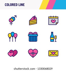 Vector illustration of 9 party icons colored line. Editable set of heart gift, piece of cake, mail and other icon elements.