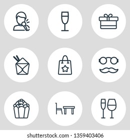 Vector illustration of 9 party icons line style. Editable set of gift bag, champagne, hipster and other icon elements.