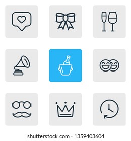 Vector illustration of 9 party icons line style. Editable set of wineglass, gramophone, hipster and other icon elements.