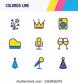 Vector illustration of 9 party icons colored line. Editable set of recording mic, christmas tree, clown cap and other icon elements.