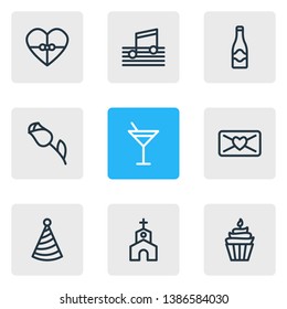 Vector illustration of 9 party icons line style. Editable set of music, party hat, cocktail and other icon elements.