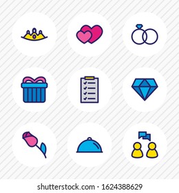 Vector illustration of 9 party icons colored line. Editable set of meal, rose, gift and other icon elements.
