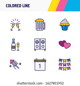 Vector illustration of 9 party icons colored line. Editable set of calendar, muffin, beer and other icon elements.