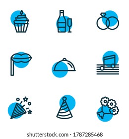 Vector illustration of 9 party icons line style. Editable set of music, cupcake, beverage and other icon elements.